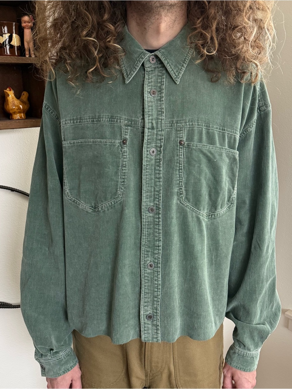 Vintage 90s Sage Green Cropped Boxy Corduroy Long Sleeve Button Down ~ Size XL